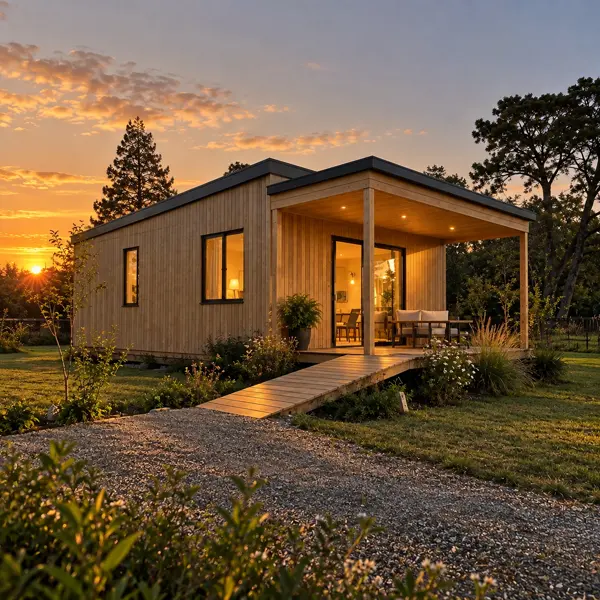 Ilustración: Tiny house para adultos mayores, al atardecer