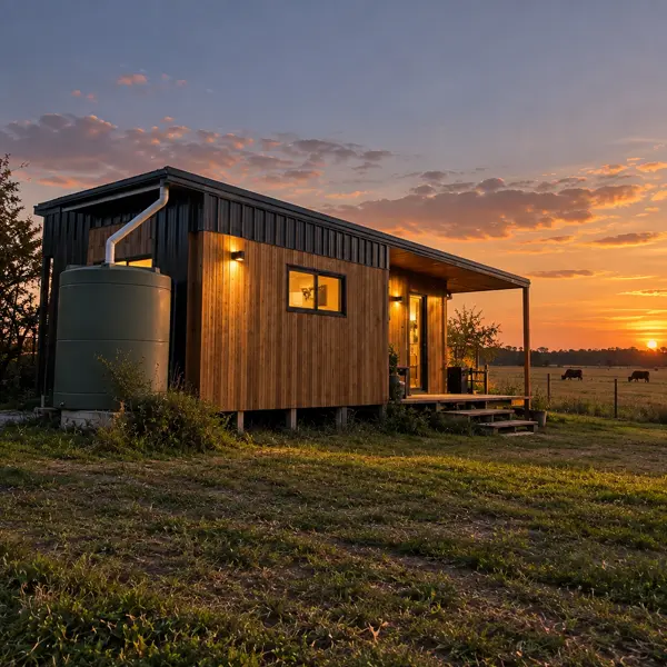 Ilustración: Tiny house de campo en Uruguay, al atardecer