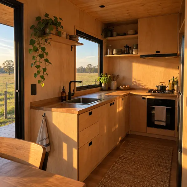 Ilustración: Tiny house de campo en Uruguay, cocina