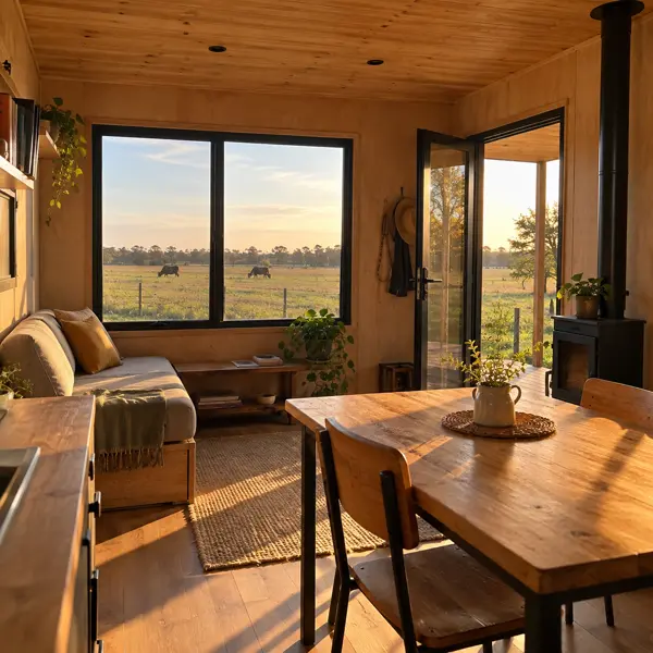 Ilustración: Tiny house de campo en Uruguay, estar-comedor