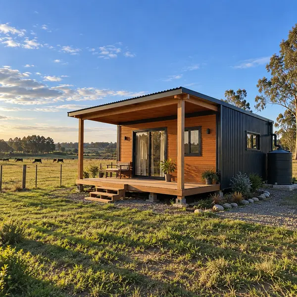 Ilustración: Tiny house de campo en Uruguay, vista en diagonal