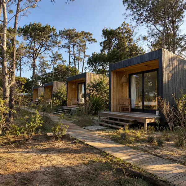 Ilustración: Tiny house para alquiler turístico, vista en diagonal