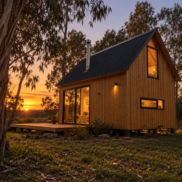 Ilustración: Tiny house con entrepiso, al atardecer