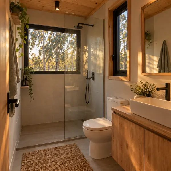 Ilustración: Tiny house con entrepiso, baño