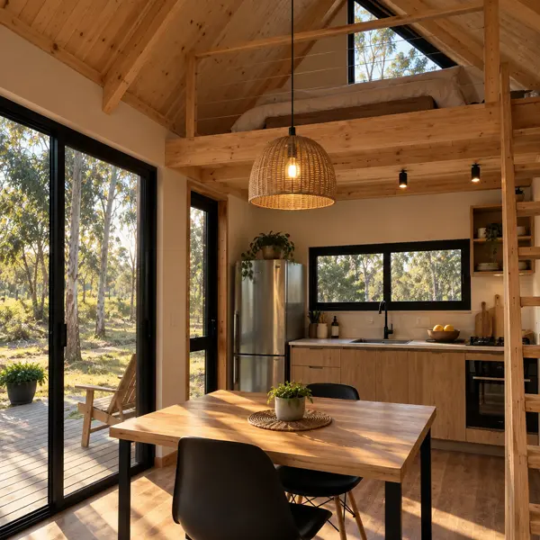 Ilustración: Tiny house con entrepiso, cocina