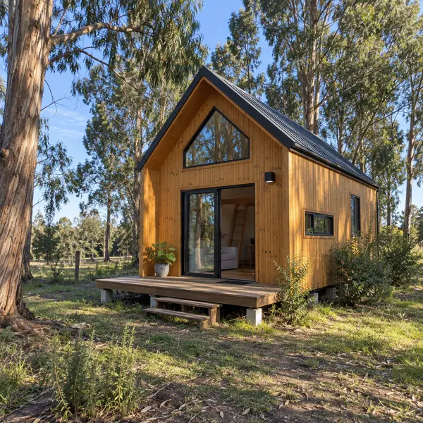 Ilustración: Tiny house con entrepiso, vista en diagonal