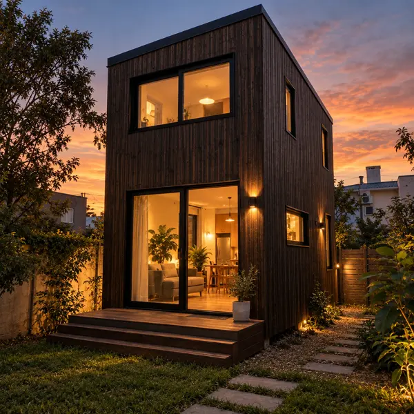 Ilustración: Tiny house de dos pisos, al atardecer