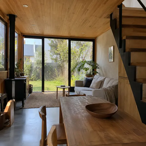 Ilustración: Tiny house de dos pisos, estar-comedor