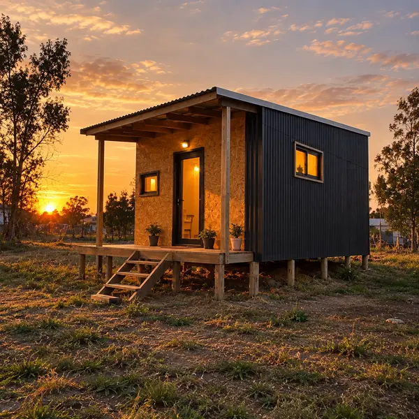 Ilustración: Tiny house en kit en Uruguay, al atardecer