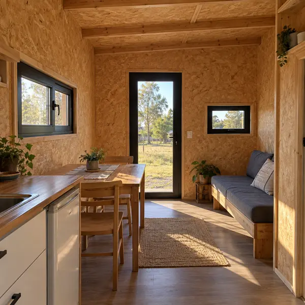 Ilustración: Tiny house en kit en Uruguay, estar-comedor