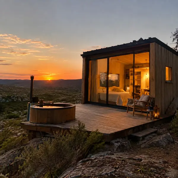Ilustración: Glamping con tiny houses, al atardecer