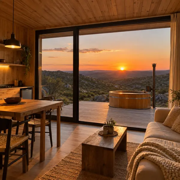 Ilustración: Glamping con tiny houses, estar-comedor