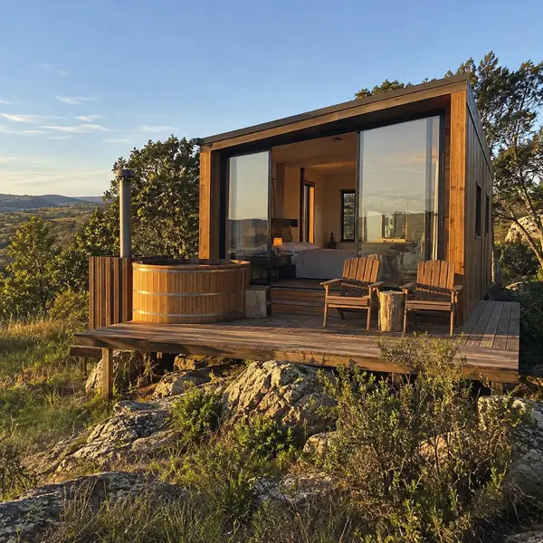 Ilustración: Glamping con tiny houses, fachada