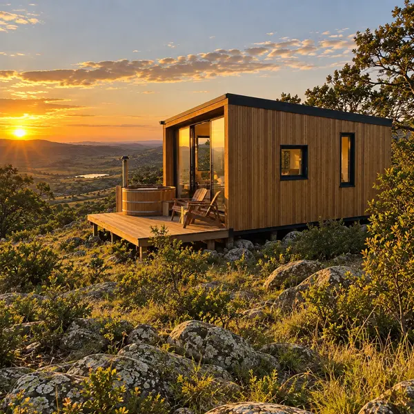 Ilustración: Glamping con tiny houses, vista lateral