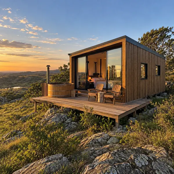Ilustración: Glamping con tiny houses, vista en diagonal