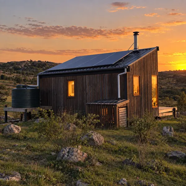 Ilustración: Tiny house off-grid en Uruguay, al atardecer
