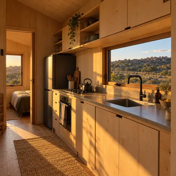 Ilustración: Tiny house off-grid en Uruguay, cocina