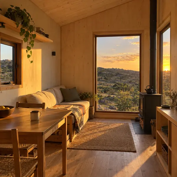 Ilustración: Tiny house off-grid en Uruguay, estar-comedor