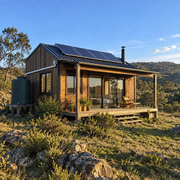 Ilustración: Tiny house off-grid en Uruguay, vista en diagonal