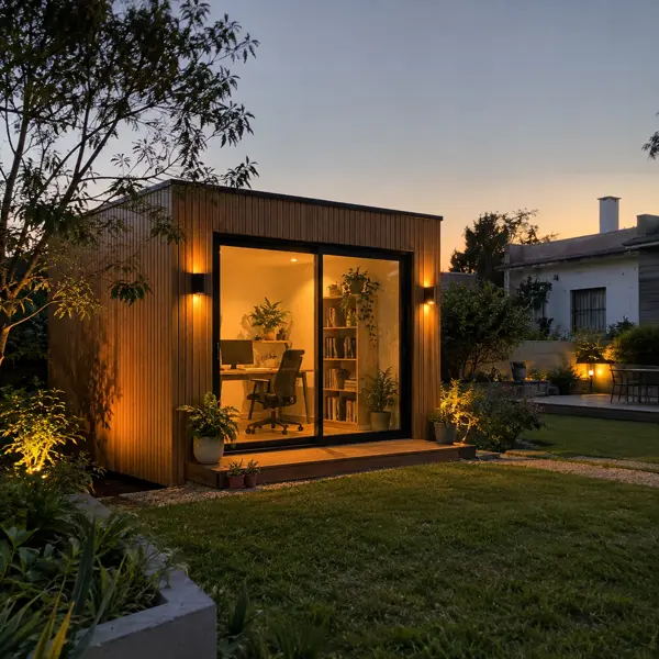 Ilustración: Tiny house oficina de jardín, al atardecer