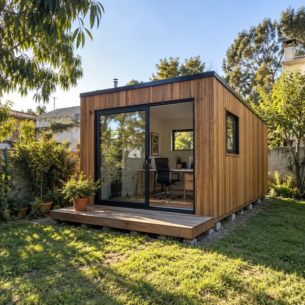Ilustración: Tiny house oficina de jardín, vista en diagonal