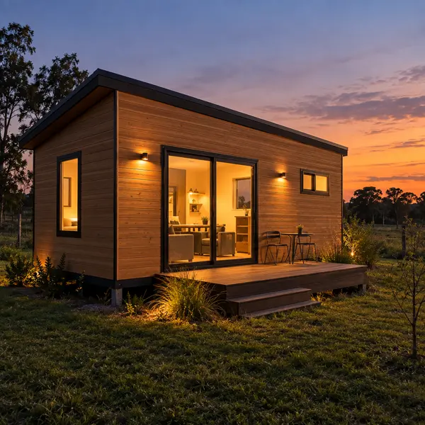 Ilustración: Tiny house con paneles SIP, al atardecer