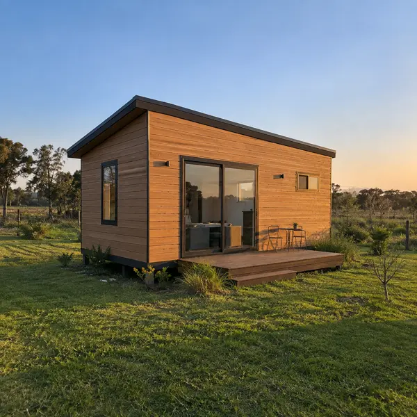 Ilustración: Tiny house con paneles SIP, vista en diagonal