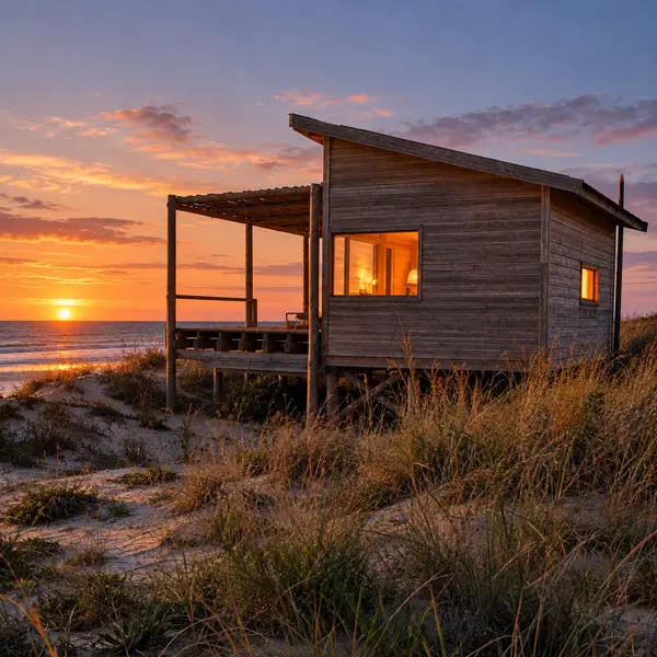 Ilustración: Tiny house de playa en Uruguay, al atardecer
