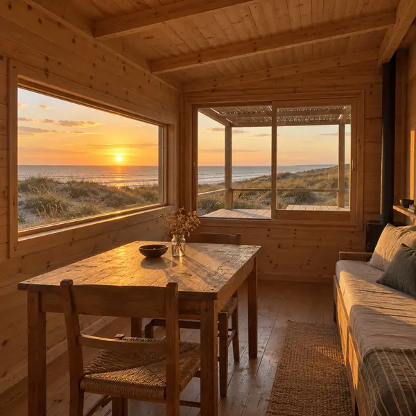 Ilustración: Tiny house de playa en Uruguay, estar-comedor