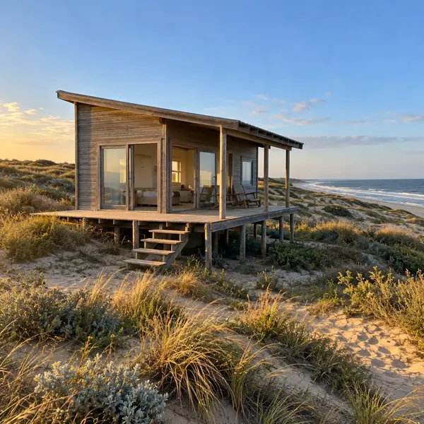 Ilustración: Tiny house de playa en Uruguay, vista en diagonal