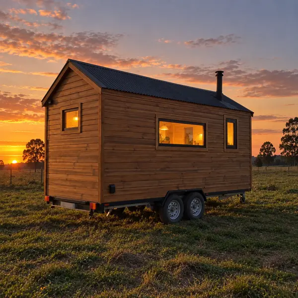 Ilustración: Tiny house sobre ruedas en Uruguay, al atardecer