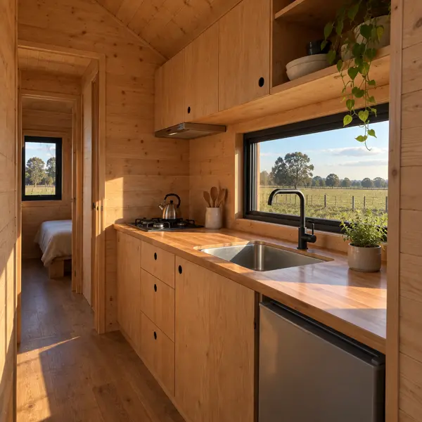 Ilustración: Tiny house sobre ruedas en Uruguay, cocina