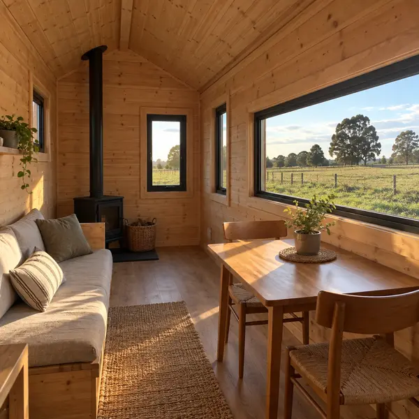 Ilustración: Tiny house sobre ruedas en Uruguay, estar-comedor