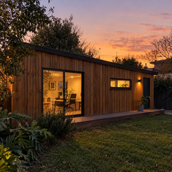 Ilustración: Tiny house de 15 m², al atardecer