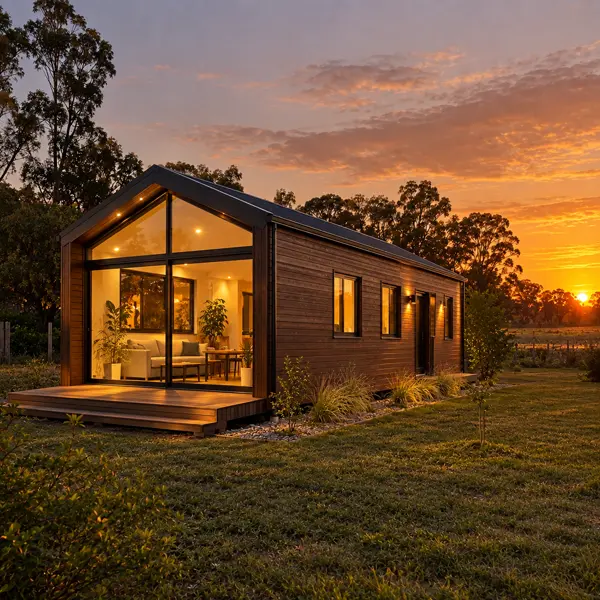 Ilustración: Tiny house en la Costa de Oro, al atardecer