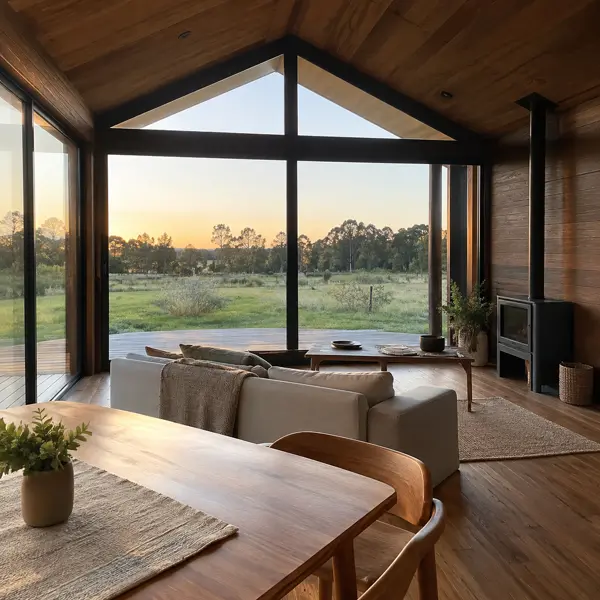Ilustración: Tiny house en la Costa de Oro, estar-comedor