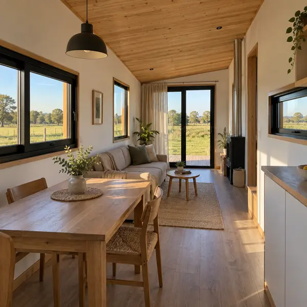 Ilustración: Tiny house en Flores, estar-comedor