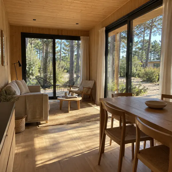 Ilustración: Tiny house para vivir en Uruguay, estar-comedor
