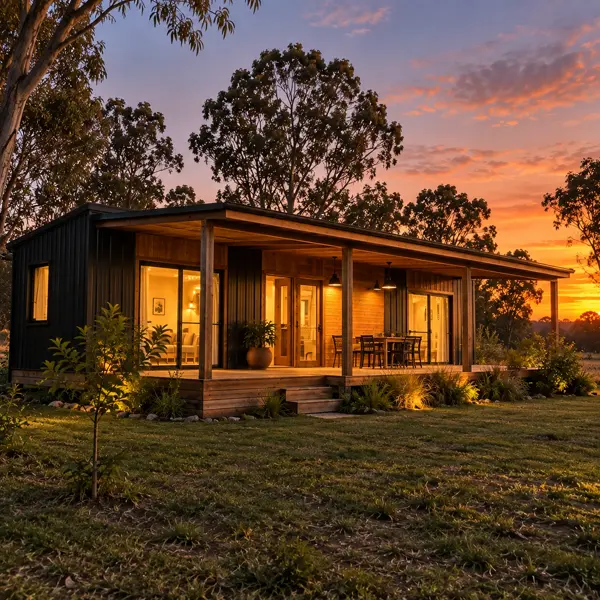 Ilustración: Tiny house de 50 m², al atardecer