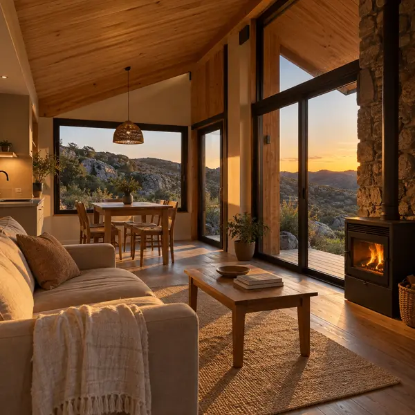 Ilustración: Tiny house en Lavalleja, estar-comedor